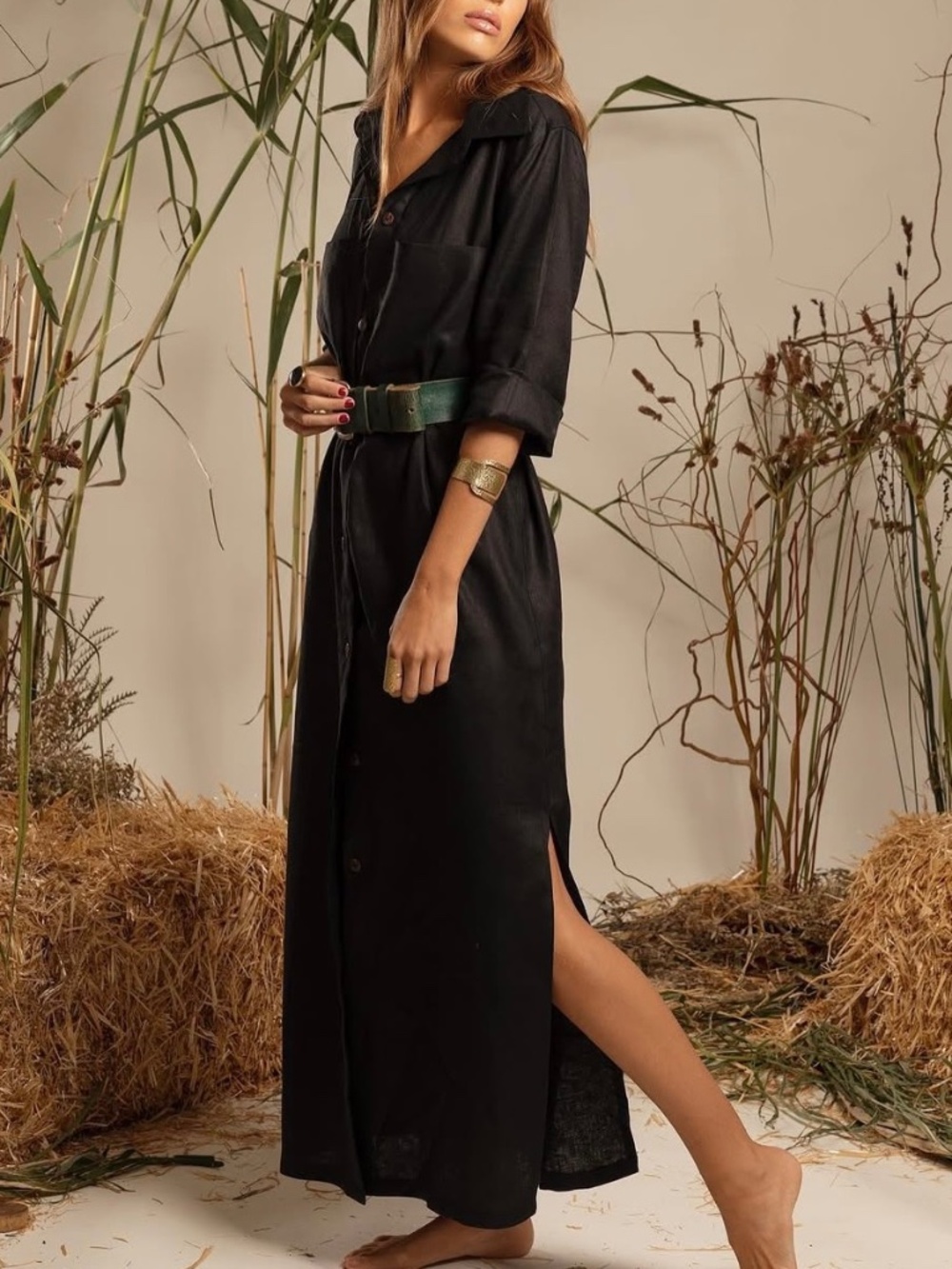 Malok Linen Navy Maxi Shirtdress Long Sleeve Relaxed Lagenlook Resortwear Travel